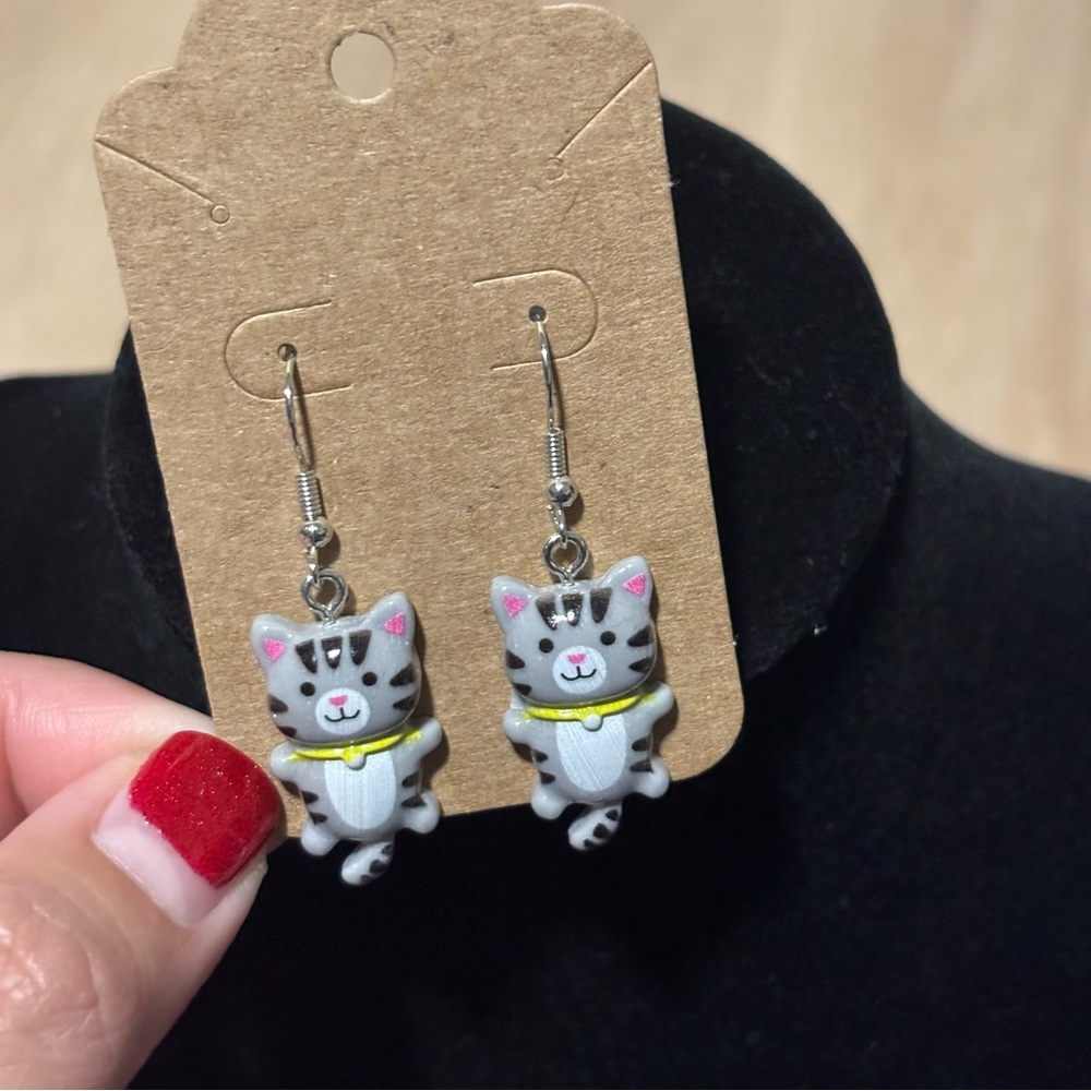 Cute Resin Grey Tabby Cat Dangle Tail, Hook Earrings - Super Cute Kitty Earring - Picture 3 of 7